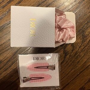 Brand New Set of Dior Beauty Monogram Logo Pink Hair Clips and Scrunchie